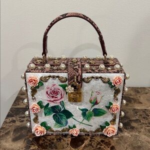 Pink 3D Rose Pearl Crystal Gold Embellished Snake Top Handle Box Clutch Purse